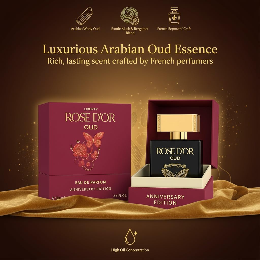 Liberty Oud Rose Dyor Anniversary Edition Unisex Eau de Parfum (100ml/3.4Oz), Arabian Oud Rose Saffron Patchouli Fragrance, Valentine’s Day Gift, Long-Lasting Luxury Perfume