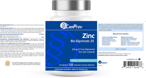 CanPrev Zinc Bis-Glycinate 25mg, 120 Vegetable Capsules, 120-Day Supply - High Absorption Elemental Zinc Supplement for Cognitive & Skin Vitality Support