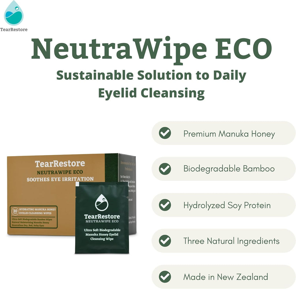 TearRestore NeutraWipe Eco Manuka Honey Eyelid Wipes | Ultra-Soft Biodegradable Eyelash Cleanser For Blepharitis & Dry, Itchy, Swollen, Irritated Eyes (30 Count)