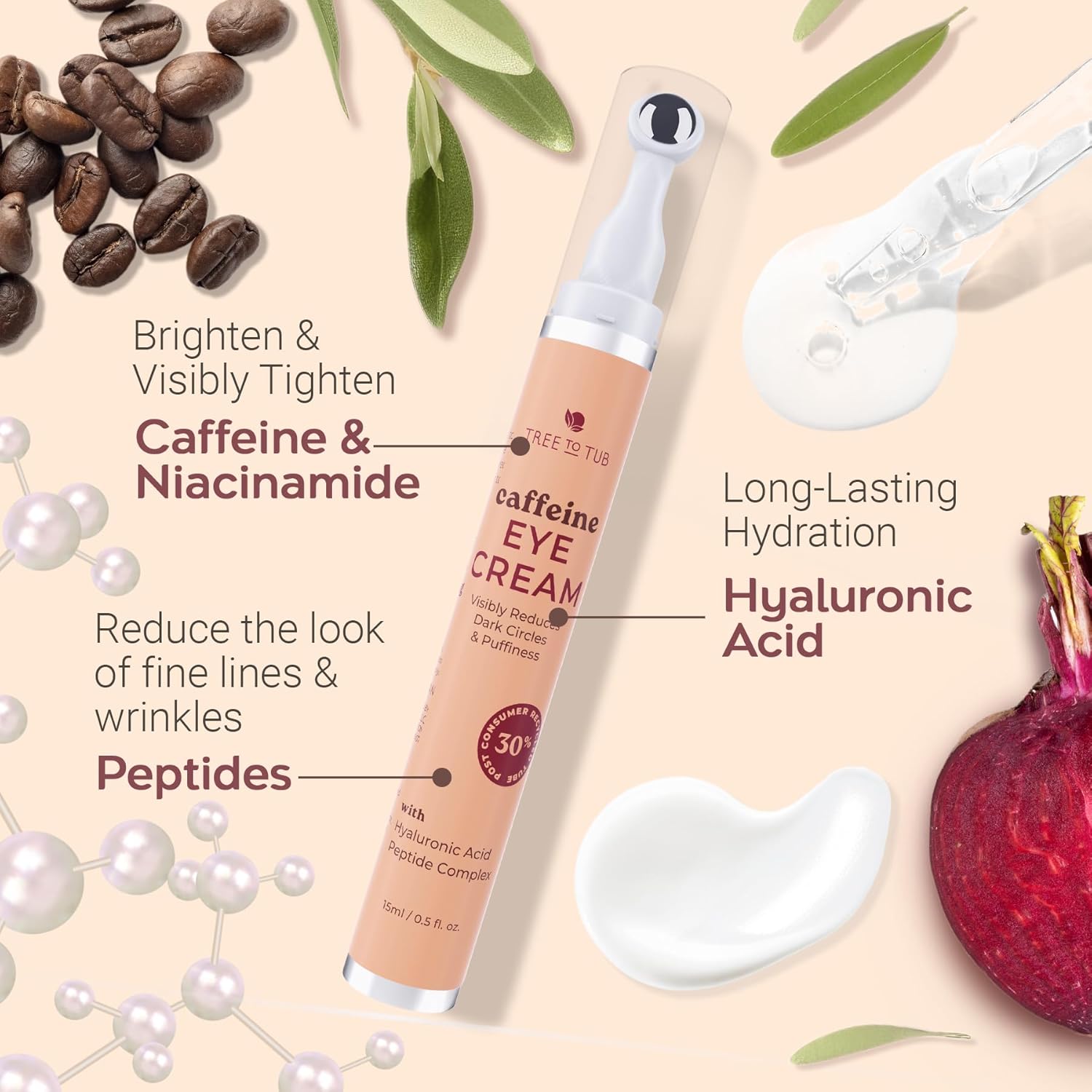 Tree To Tub Caffeine Eye Cream - Hydrating & Firming Under Eye Cream for Dark Circles, Eye Roller for Puffy Eyes, Reduces the Look of Puffiness and Bags, with Coffee & Hyaluronic Acid, Peptides