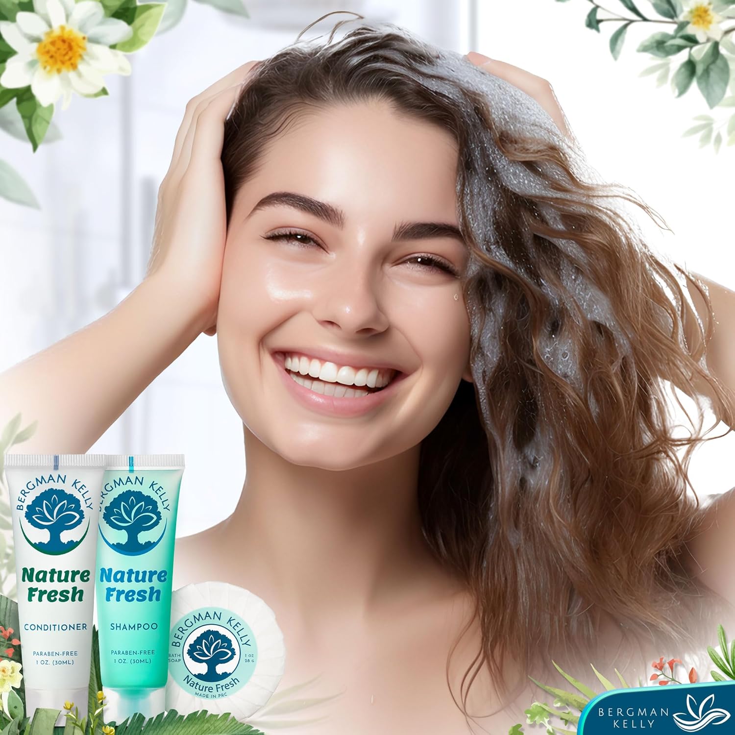 BERGMAN KELLY Round Hotel Soap Bars, Shampoo & Conditioner 3-Piece Set (1 oz each, 150 pc, Nature Fresh), Delight Your Guests with Refreshing & Soothing Mini Travel Toiletries & Bulk Amenities