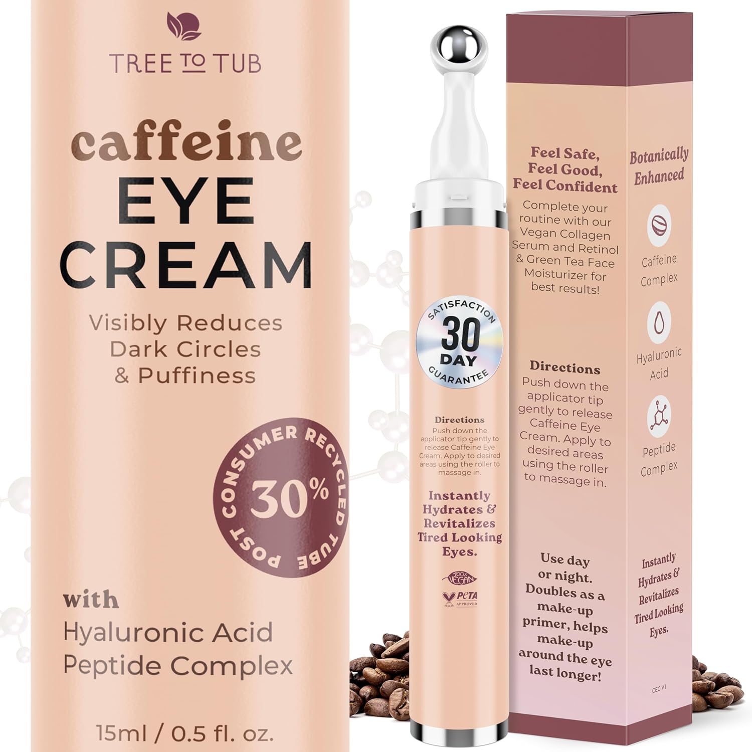 Tree To Tub Caffeine Eye Cream - Hydrating & Firming Under Eye Cream for Dark Circles, Eye Roller for Puffy Eyes, Reduces the Look of Puffiness and Bags, with Coffee & Hyaluronic Acid, Peptides