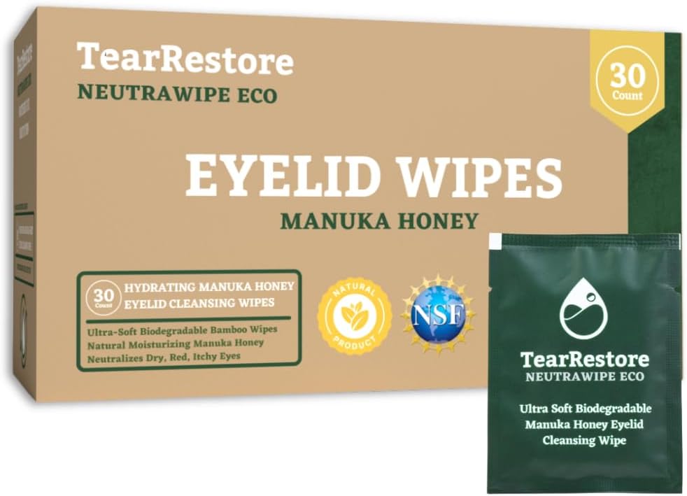TearRestore NeutraWipe Eco Manuka Honey Eyelid Wipes | Ultra-Soft Biodegradable Eyelash Cleanser For Blepharitis & Dry, Itchy, Swollen, Irritated Eyes (30 Count)